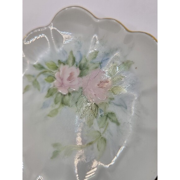 Pink Roses Hand Painted Hand Made Porcelain Trinket Tray 1999 14K Lined Signed - Picture 6 of 9